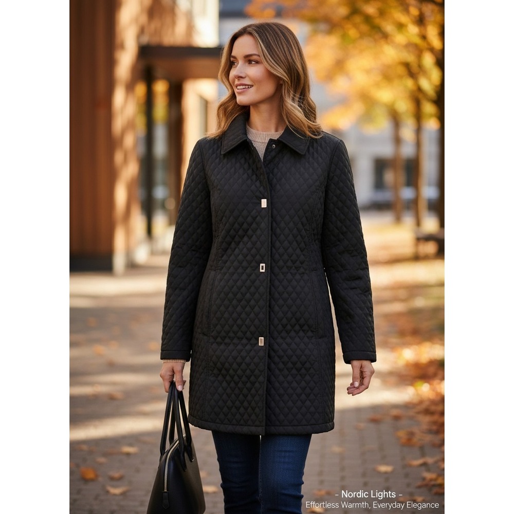 Nordic Lights Women's Quilted Black Jacket Snap- Front Closure Classic Collar-S‎